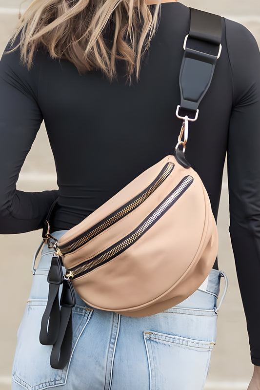 Parchment Double Zip Crescent Shape Adjustable Sling Bag