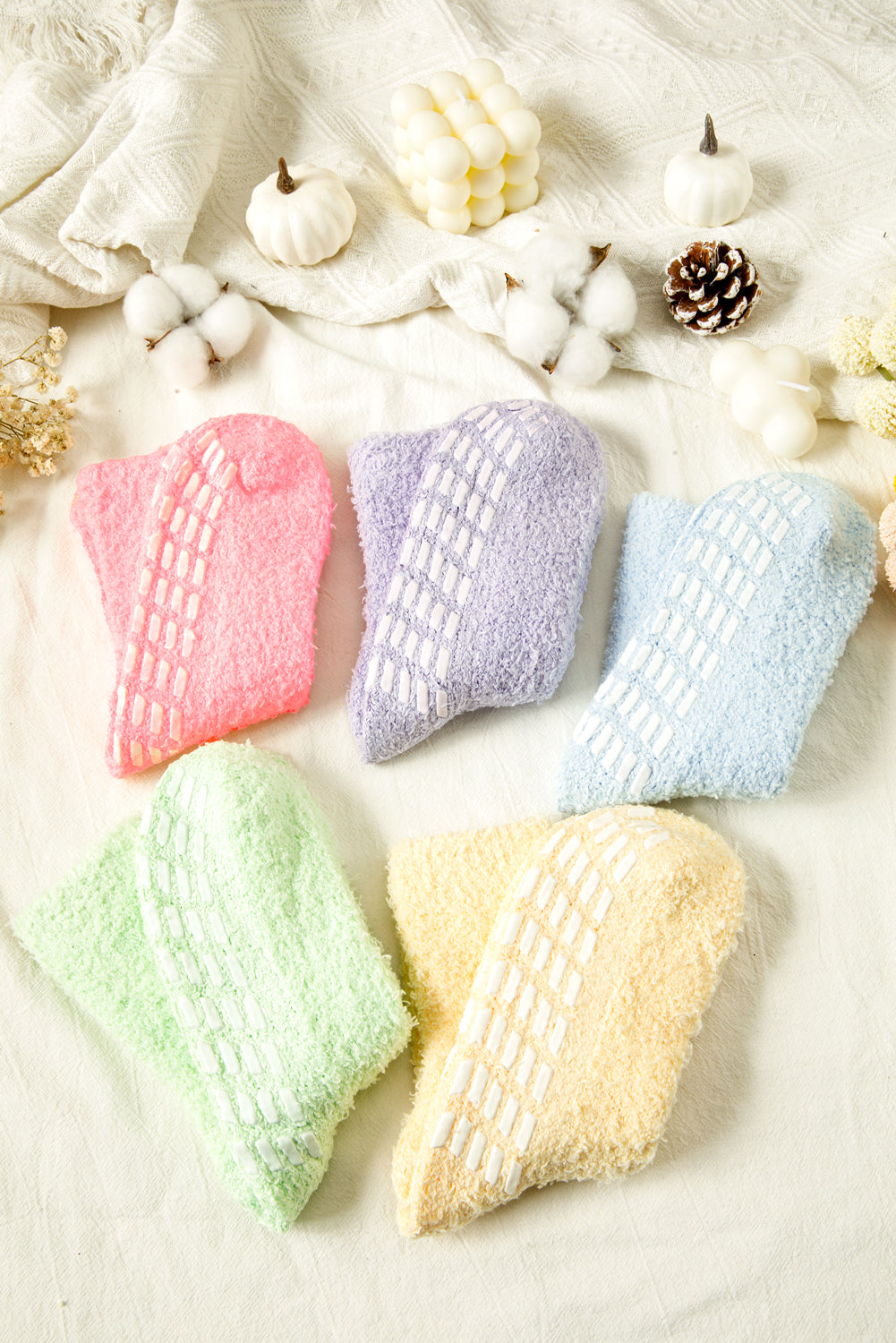 Pink 5 Pairs Anti Slip Plush Socks Different Color Each