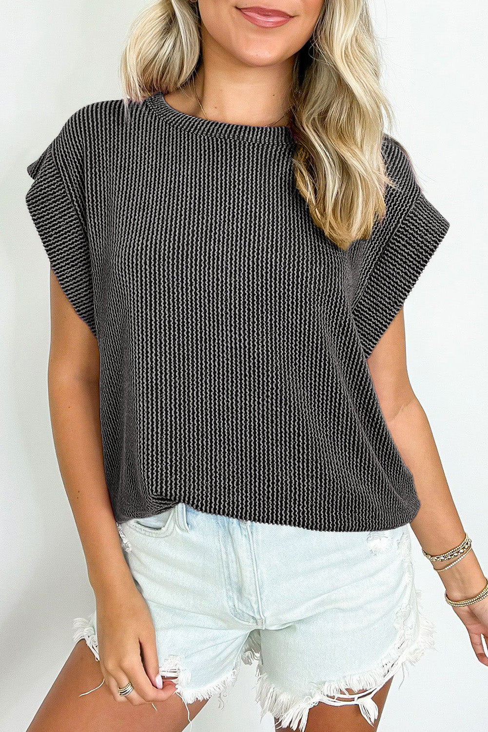 Carbon Grey Twisted Rib Wide Sleeve Crew Neck T Shirt