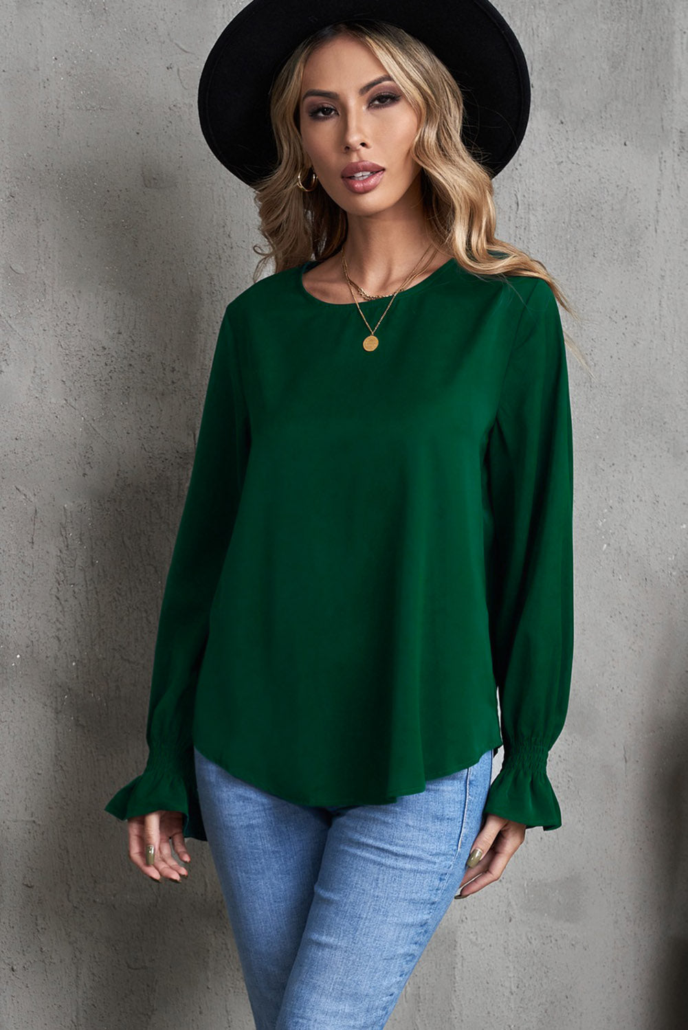 Green Crew Neck Ruffle Bubble Sleeve Top