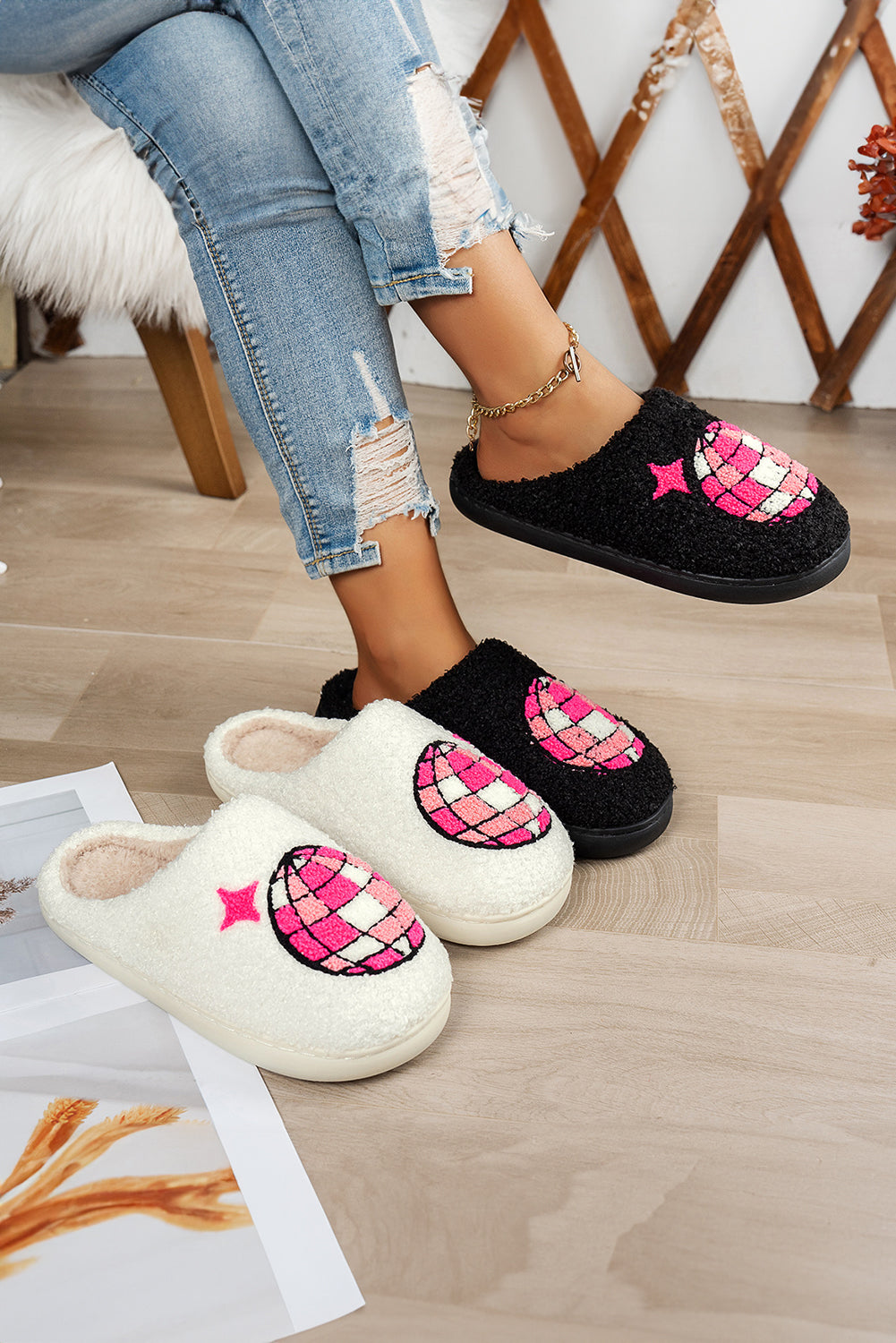 White Disco Ball Print Fuzzy Winter House Slippers