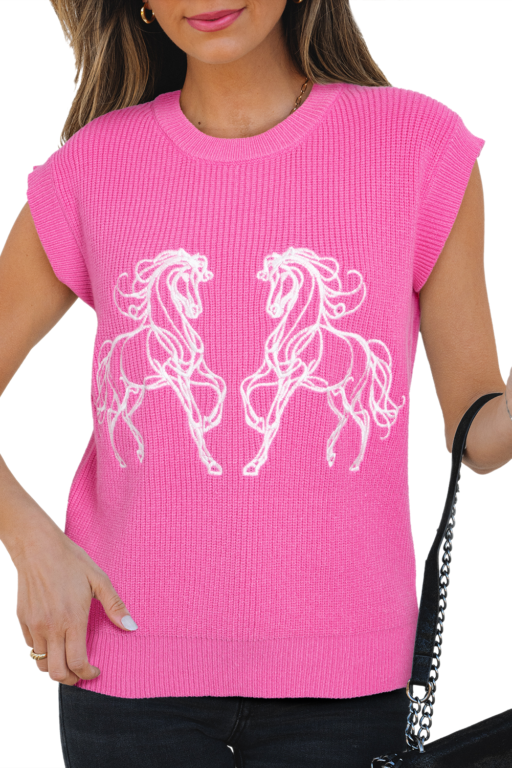 Sachet Pink Western Horse Embroidered Round Neck Sweater Tee