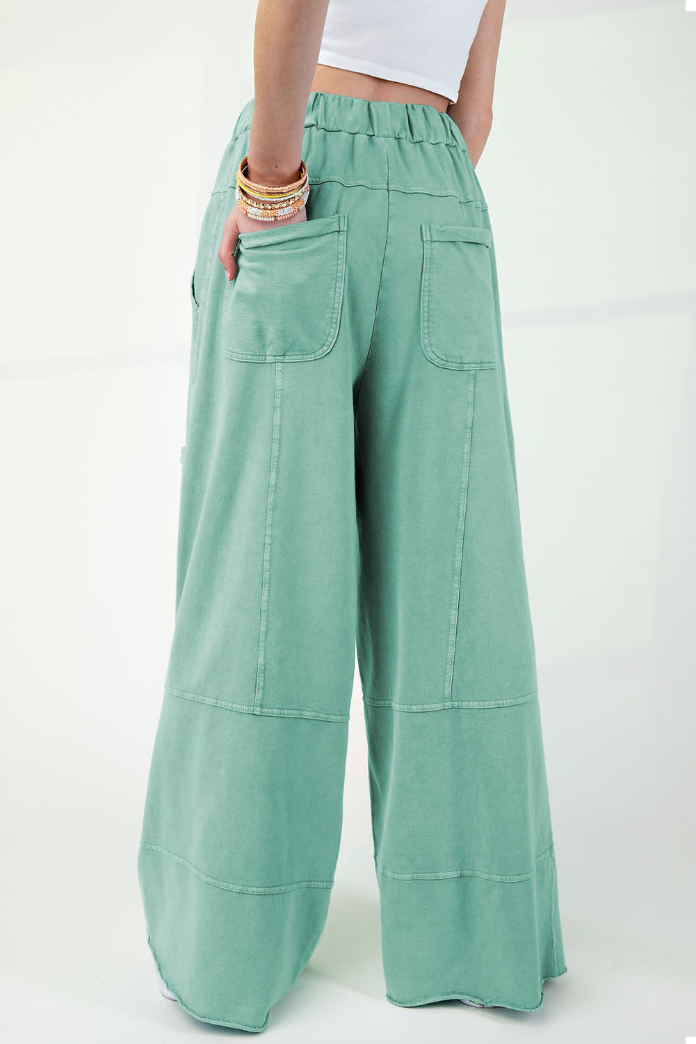 Mint Green Mineral Wash Exposed Seam Drawstring Elastic Waistband Wide Leg Cargo Pants
