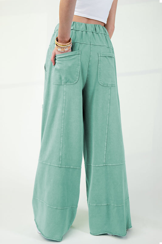 Mint Green Mineral Wash Exposed Seam Drawstring Elastic Waistband Wide Leg Cargo Pants