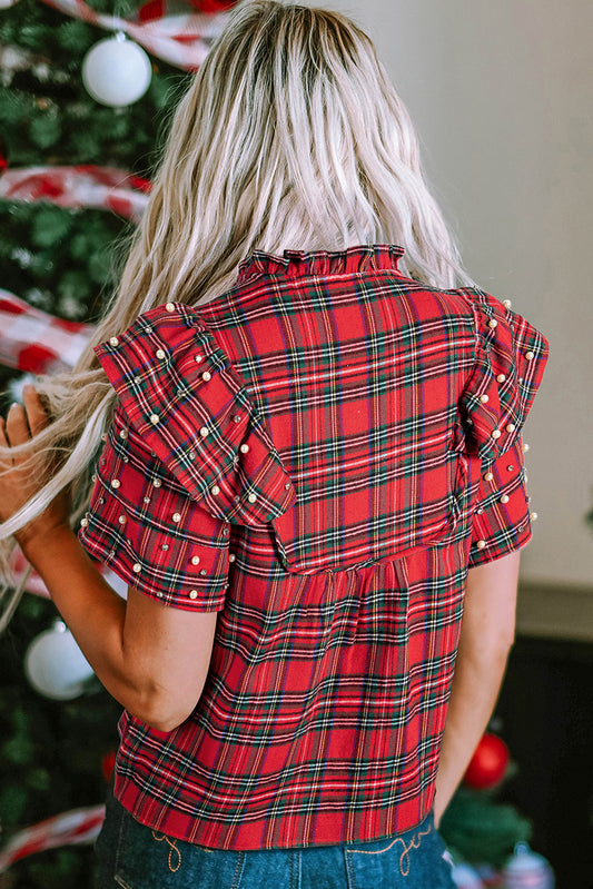 Red Festive Plaid Pearl Embellished Ruffle Short Sleeve Blouse