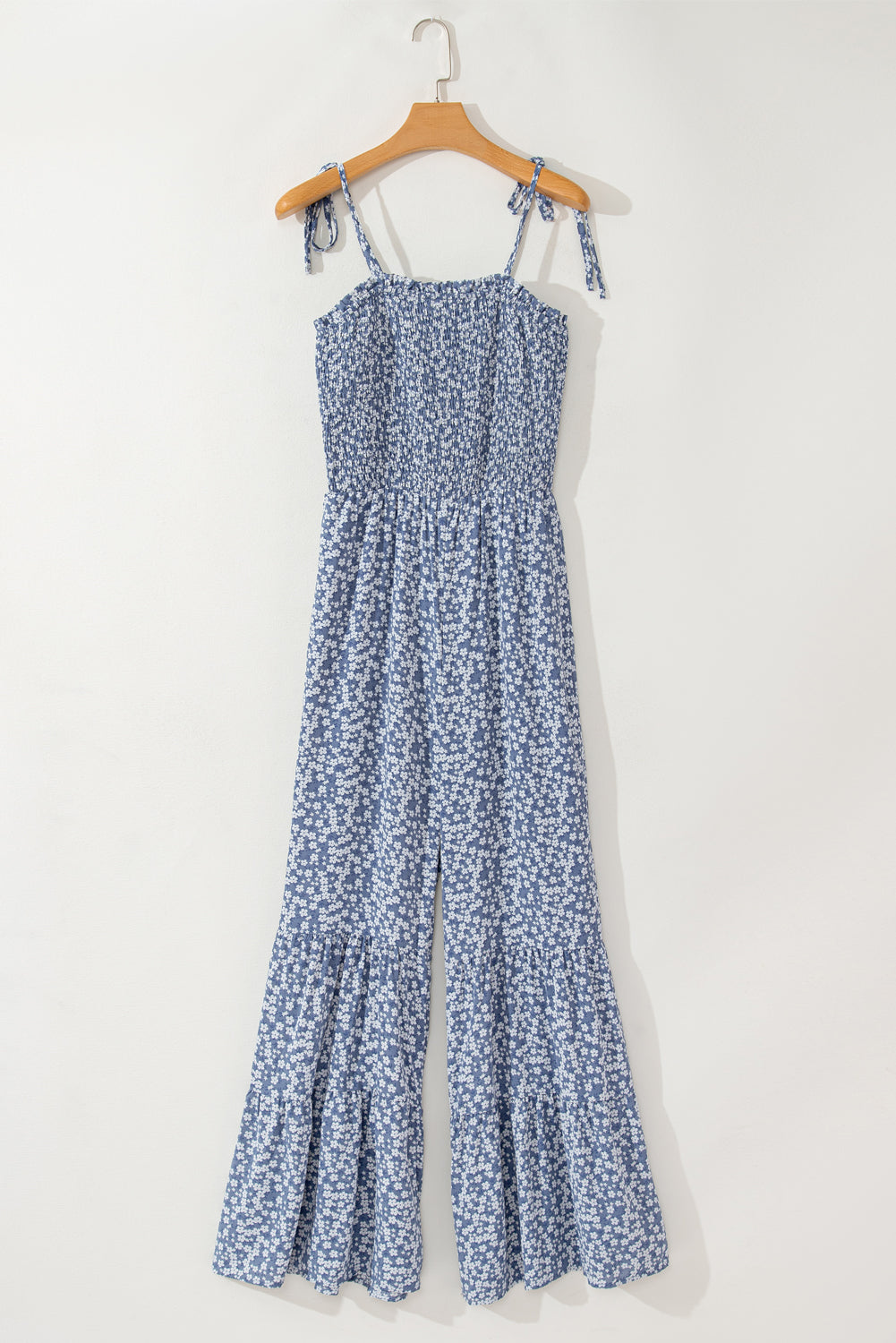 Dusk Blue Thin Straps Smocked Bodice Wide Leg Floral Jumpsuit