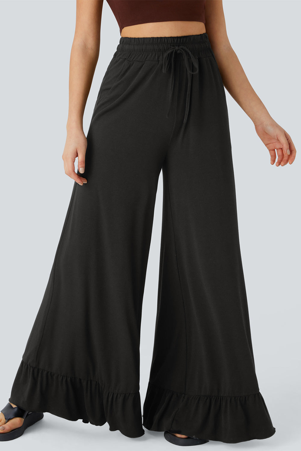 Black Ruffled Wide Leg Pull On High Waist Pants with Pockets
