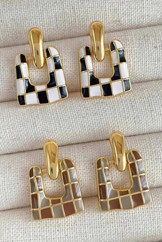 Black Checkered Pattern Square Shape Stud Dangle Earrings