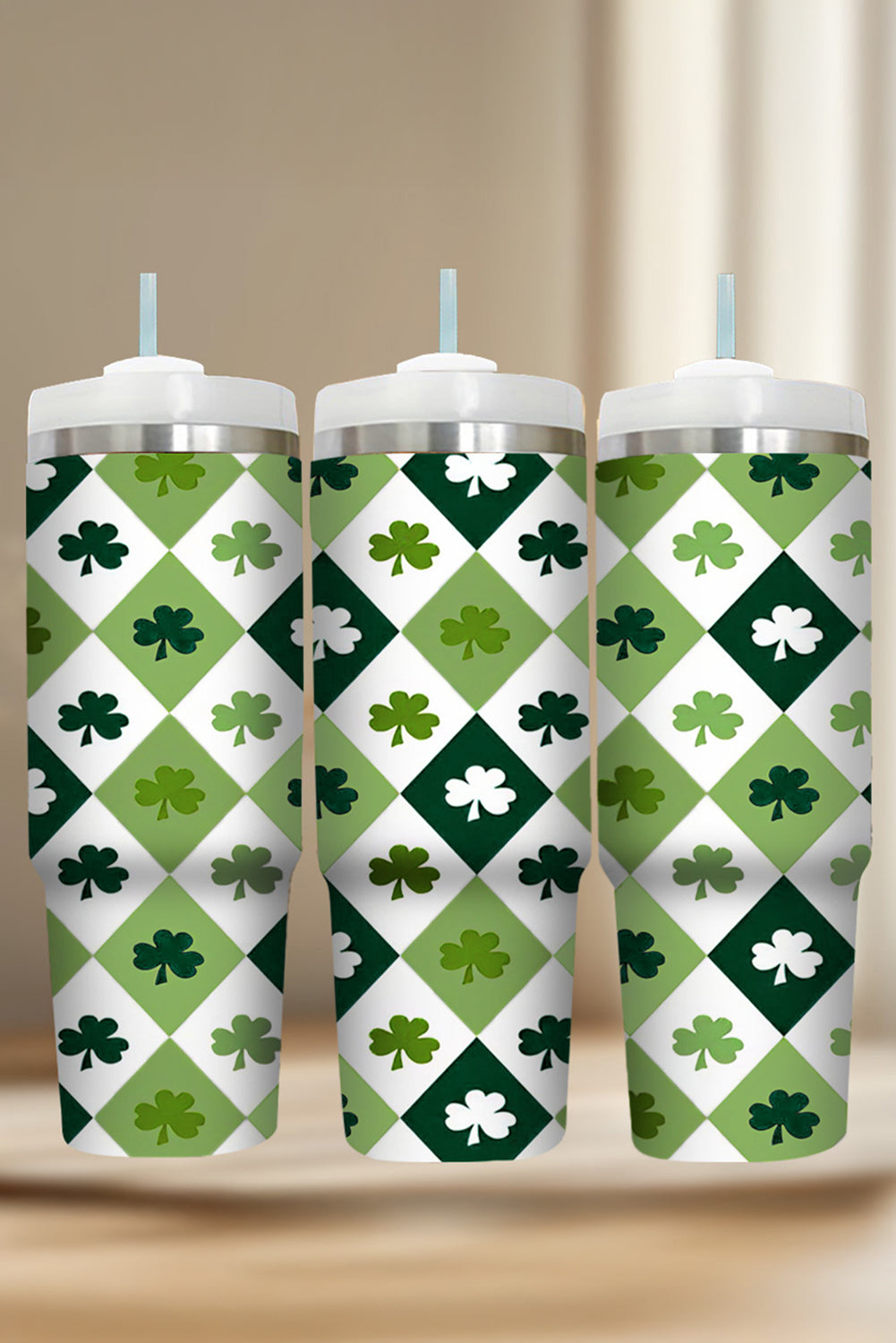 Green Clover Checkered Print Straw Large Tumbler without Handle 40oz