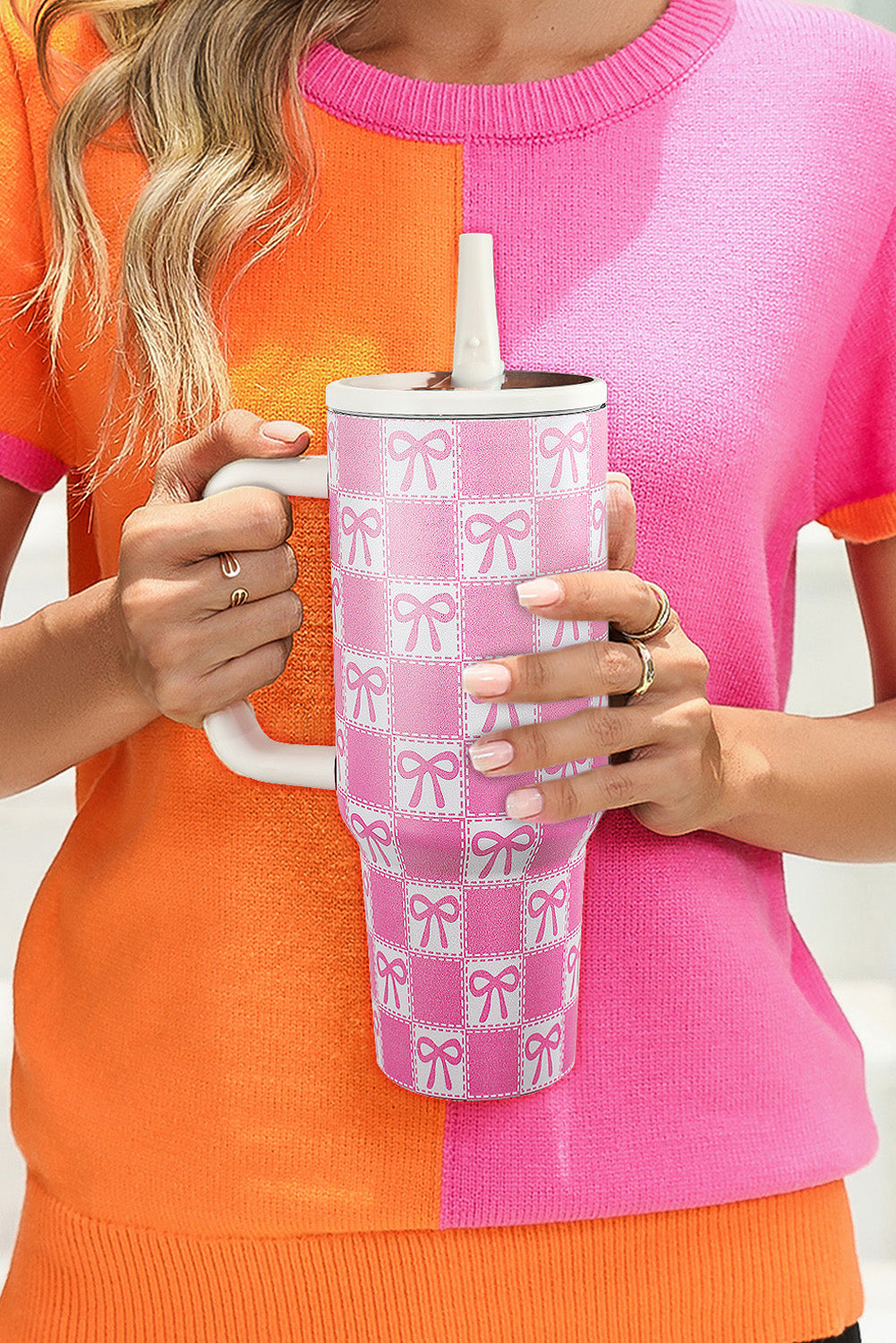 Bonbon Bow Knot Checkered Print Handle Large Tumbler 40OZ