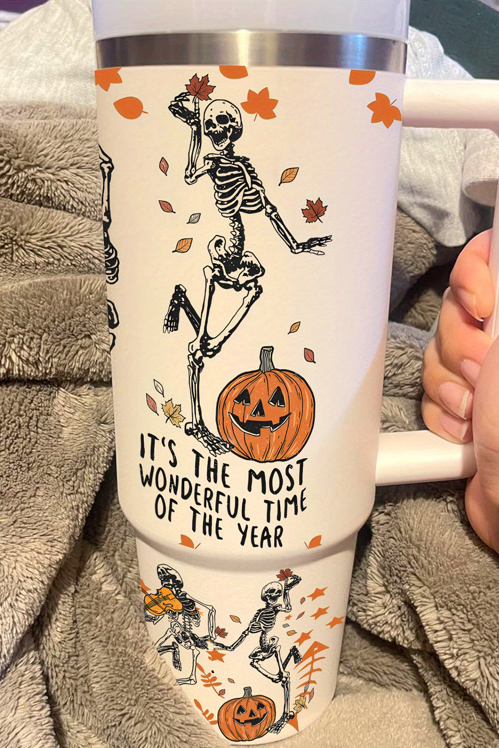White 1200ml Halloween Dancing Skeleton Pumpkin Face Printed Thermos Cup