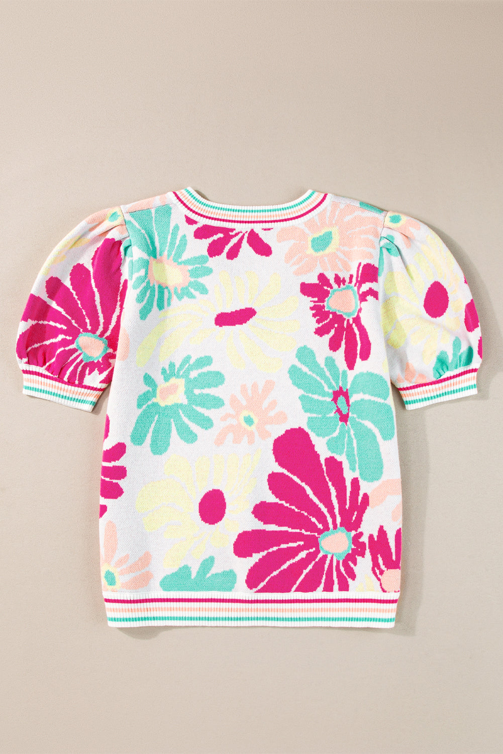 Multicolour Floral Print V Neck Short Sleeve Sweater