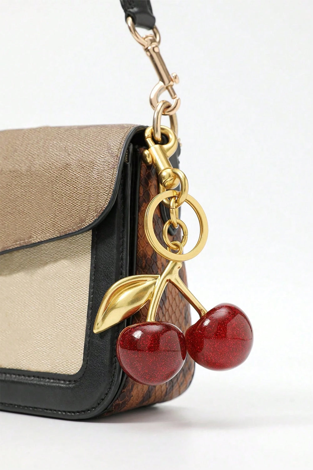 Gold Glitter Cherry Shape Plated Alloy Keychain