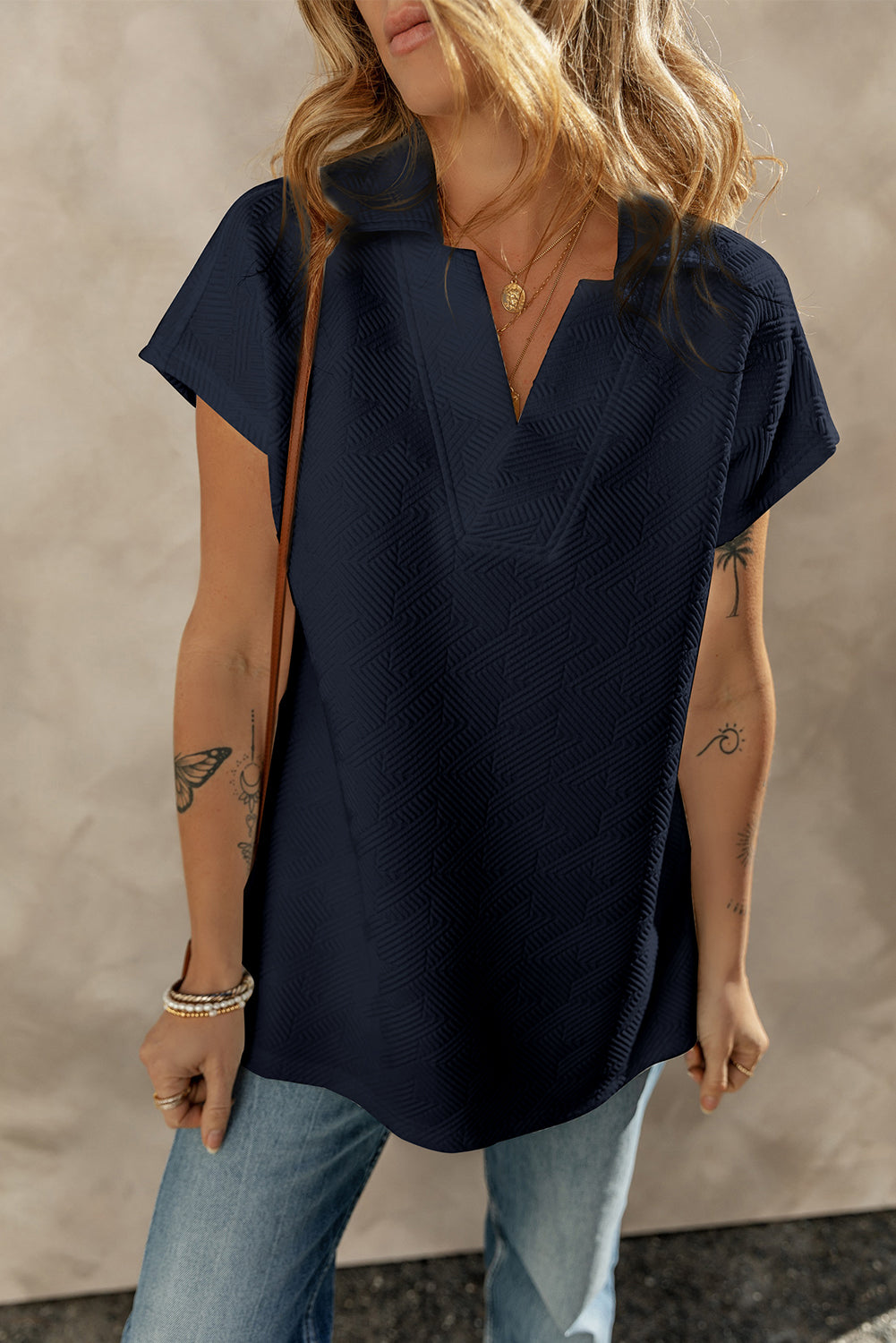 Navy Blue Textured V Neck Collared Short Sleeve Top
