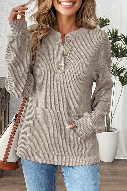 Simply Taupe Ribbed Texture Drop Shoulder Henley Knit Top