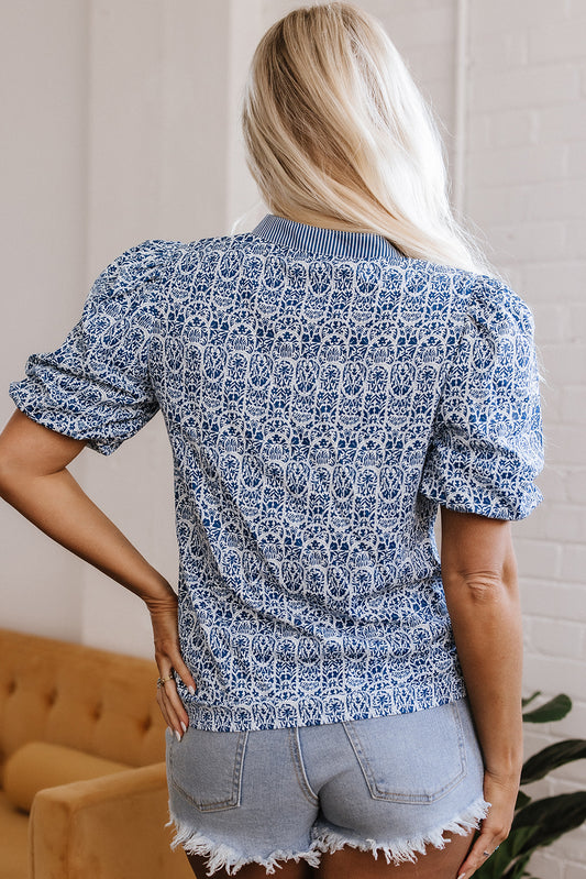 Blue Floral Striped Print Contrast Ric-rac Puff Sleeve Top