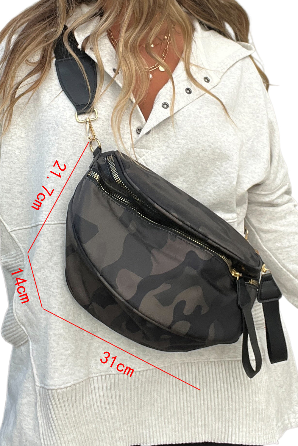 Vineyard Green Camouflage Print Gold Chain Strap Double Zipper Crossbody Bag