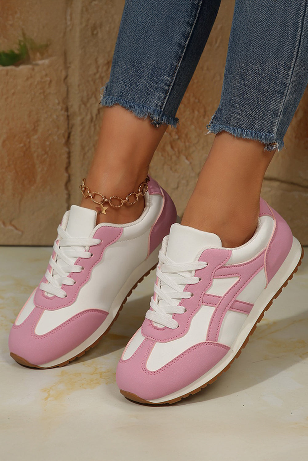 Pink Color Block Lace-up PU Leather Sneakers