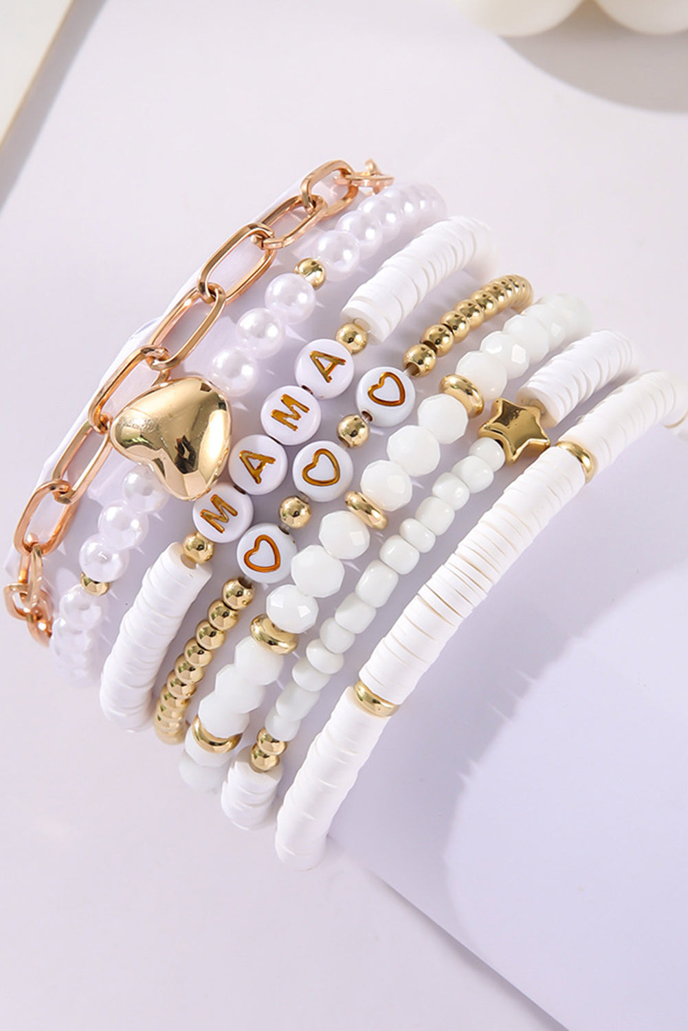 White MAMA Heart Pearl Beaded Chain Multi Layer Bracelet