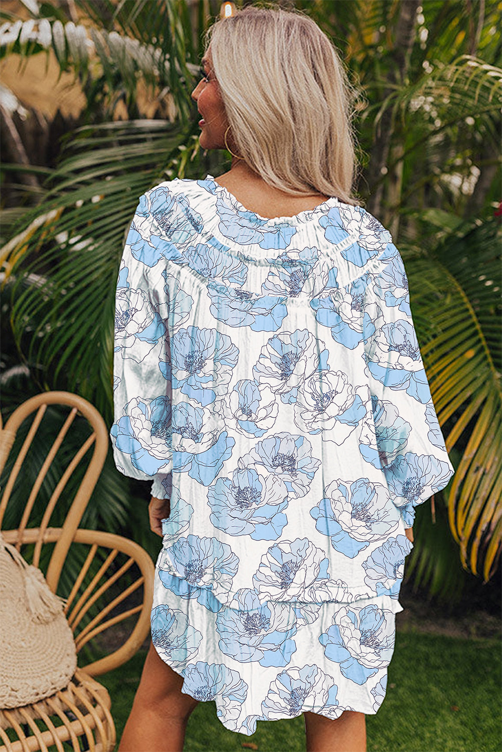 Sky Blue Floral Print Tie Neck Long Sleeve Flowy Mini Dress