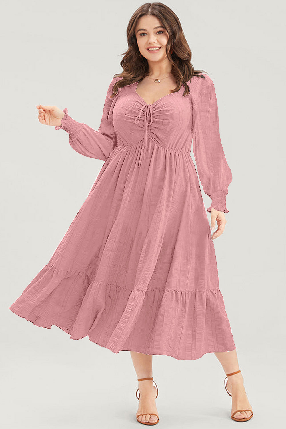 Pink Lace-up Ruched Front Long Sleeve Ruffle Hem Plus Size Midi Dress
