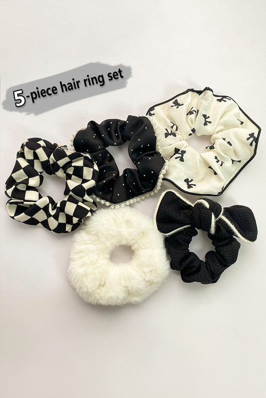 Black 5 Different Scrunchies Checkered Pearl Trim Bow Knot Plush Hair Tie Set