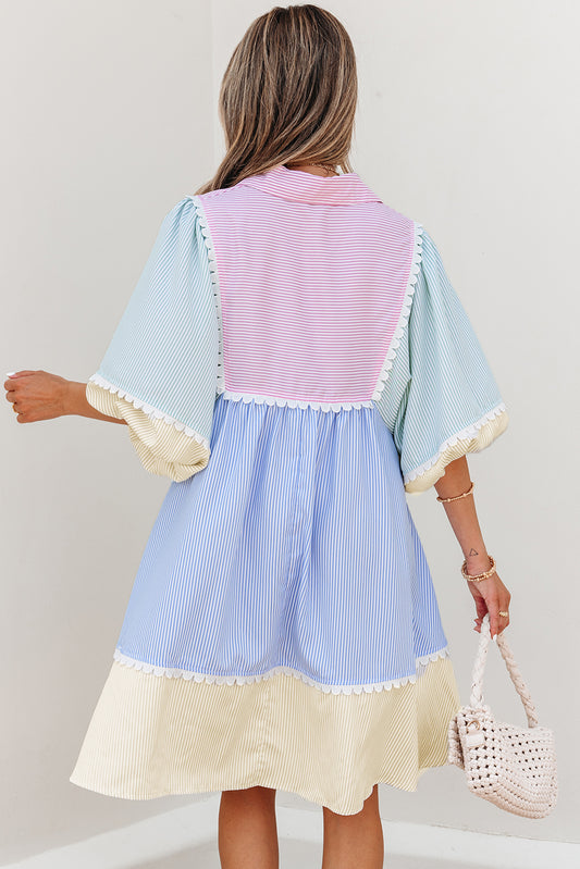 Multicolour Striped Patchwork Ric Rac Puff Sleeve Collared Mini Dress