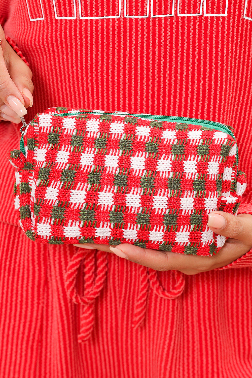Racing Red Christmas Style Crochet Zipper Square Makeup Bag