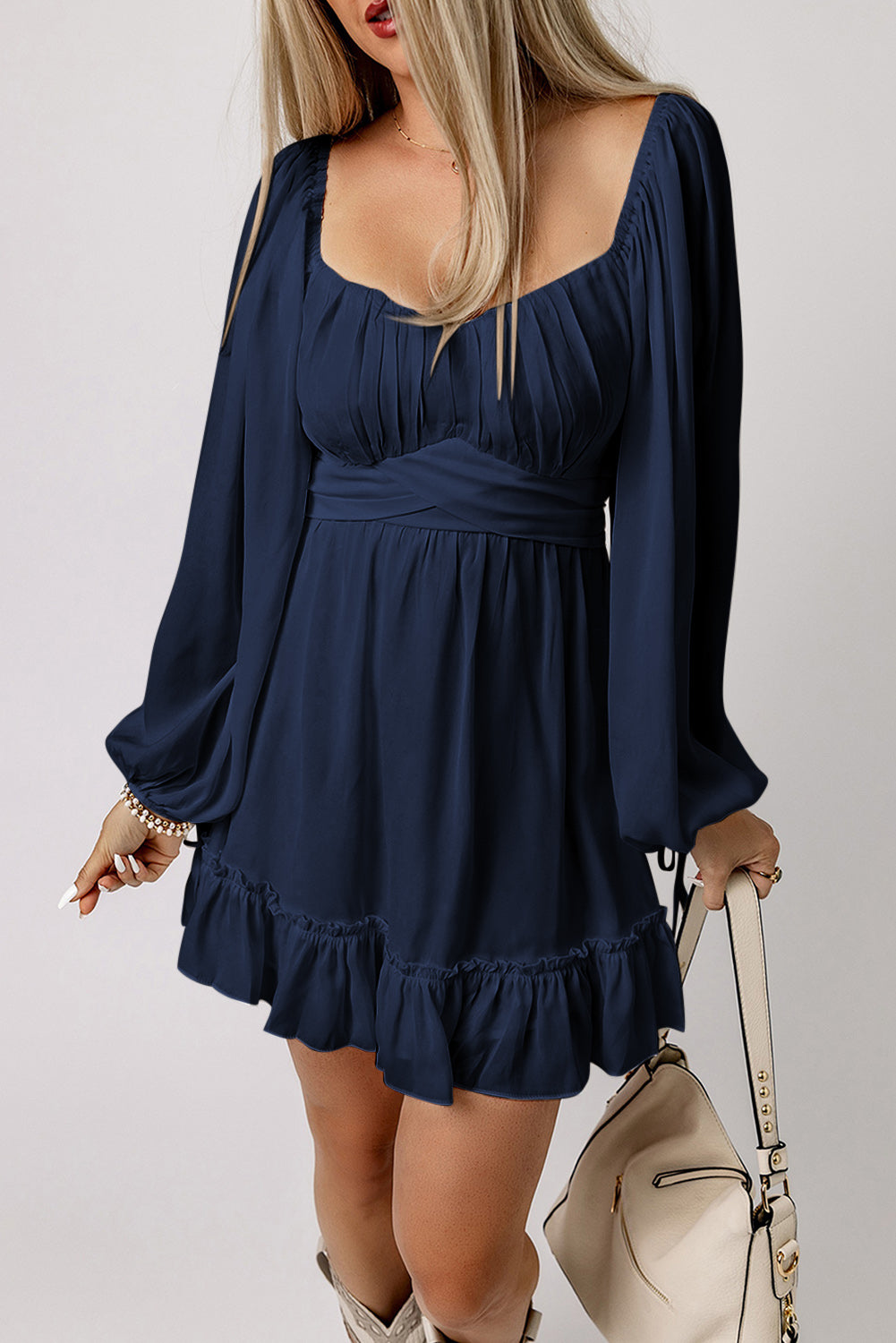 Blue White Plain Ruffled High Waist Square Neck Mini Dress