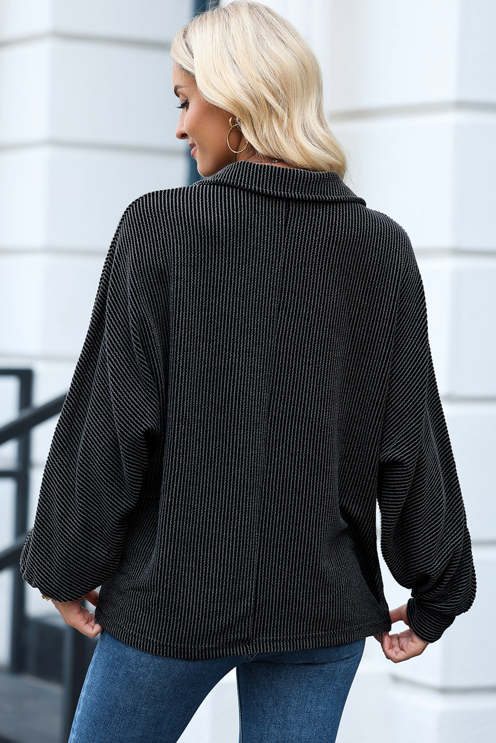 Black Oversized Twist Ribbed Collared Henley Top with Roll up Sleeve