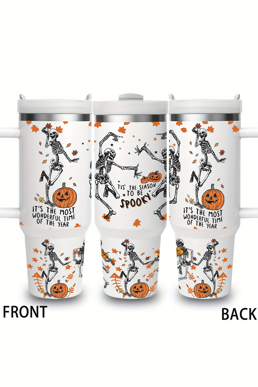 White 1200ml Halloween Dancing Skeleton Pumpkin Face Printed Thermos Cup