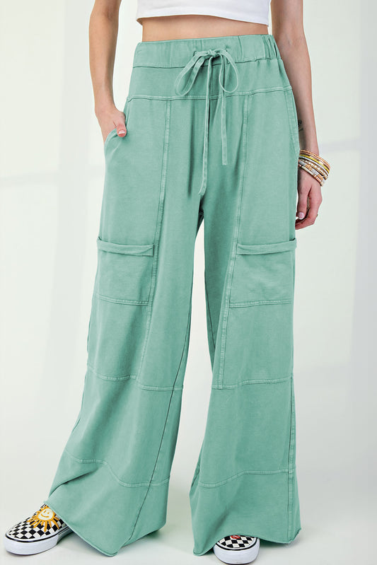Mint Green Mineral Wash Exposed Seam Drawstring Elastic Waistband Wide Leg Cargo Pants