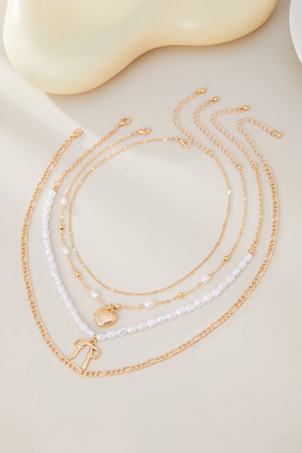 Gold Bow Heart Pendant Pearl Chaining Plated Necklace