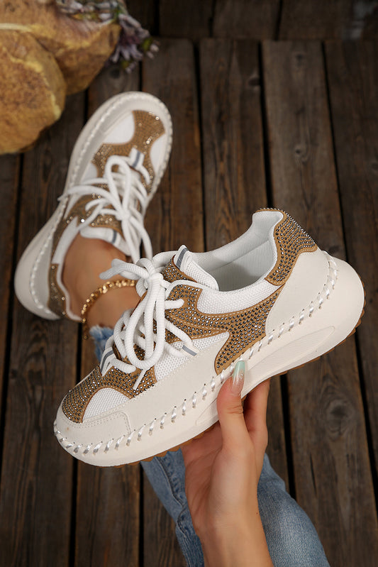 White Rhinestone Embellished Color Block Patchwork Lace-up Breathable Sneakers