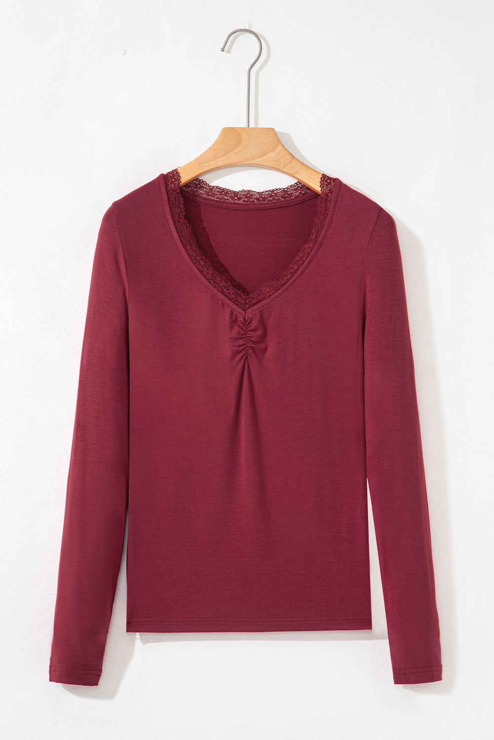 Red Dahlia Lace-trimmed Sweetheart Neckline Ruched Detail Long Sleeve T-shirt