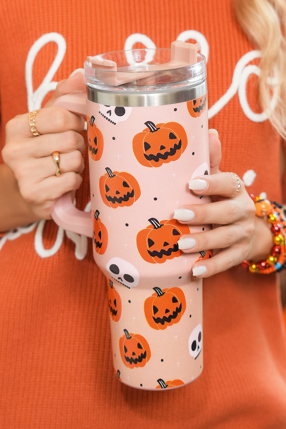 Orange Halloween Pumpkin Skull Print Handle Straw Tumbler 40oz