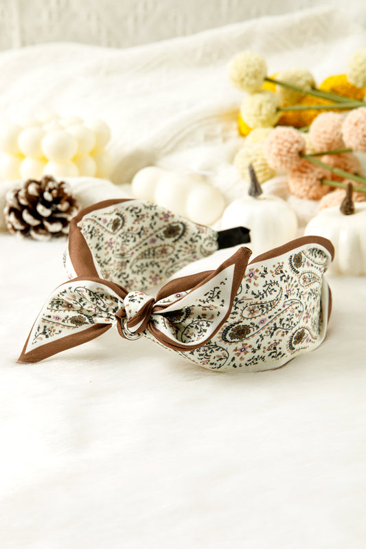White Bohemian Floral Print Satin Bow Knot Hairband