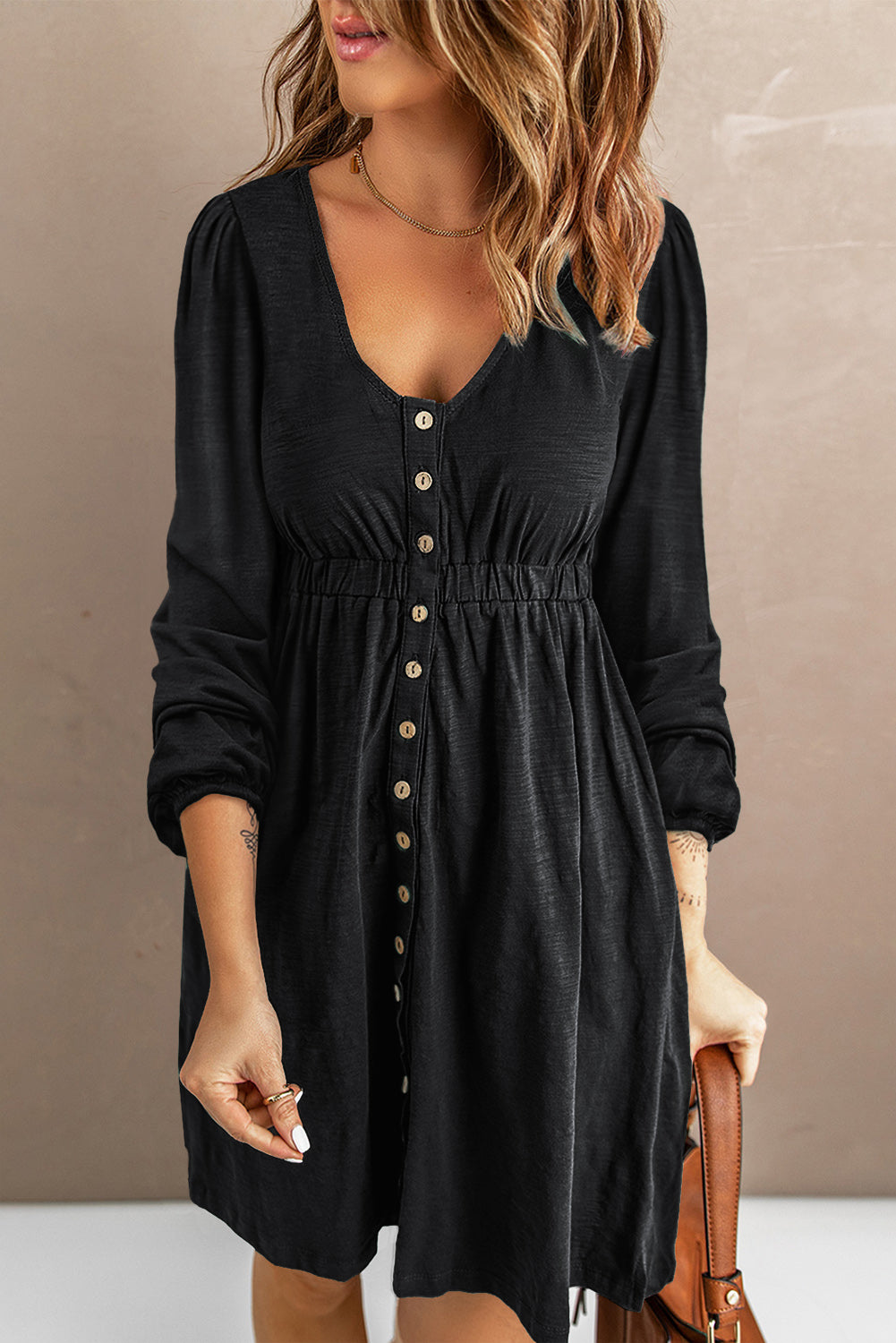 Black Button Up High Waist Long Sleeve Dress Emmeline s Fashion