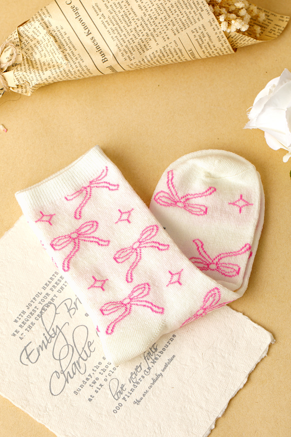 Pink Sweet Bowknot Print Mid Calf Socks