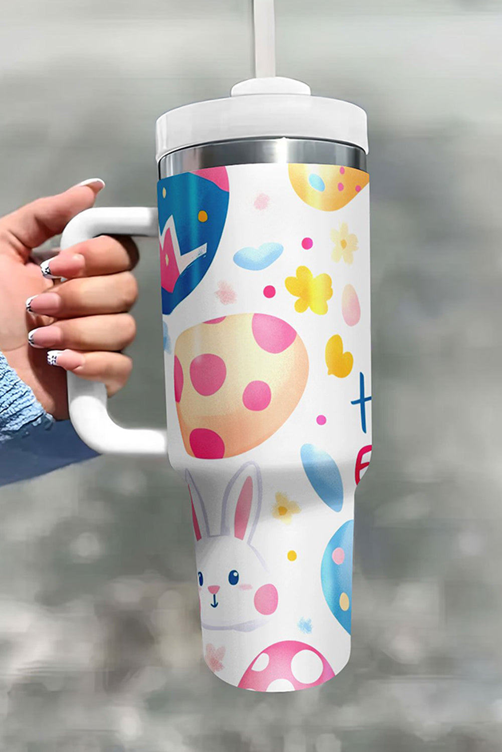 White Happy Easter Bunny Eggs Printed Thermal Tumbler