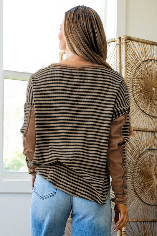 Khaki Stripe Thermal Knit Drop Shoulder Casual Top