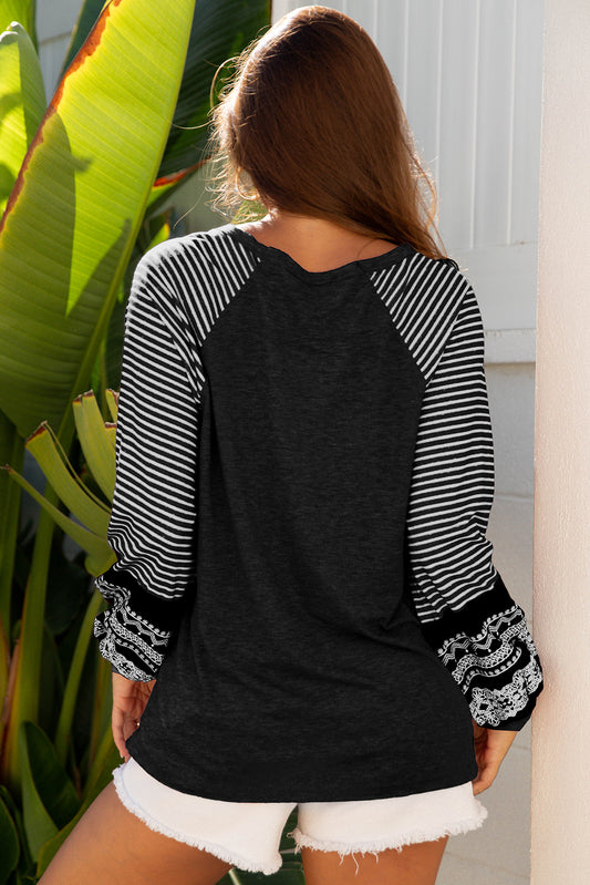 Black Contrast Print Striped Raglan Long Sleeve Loose Top