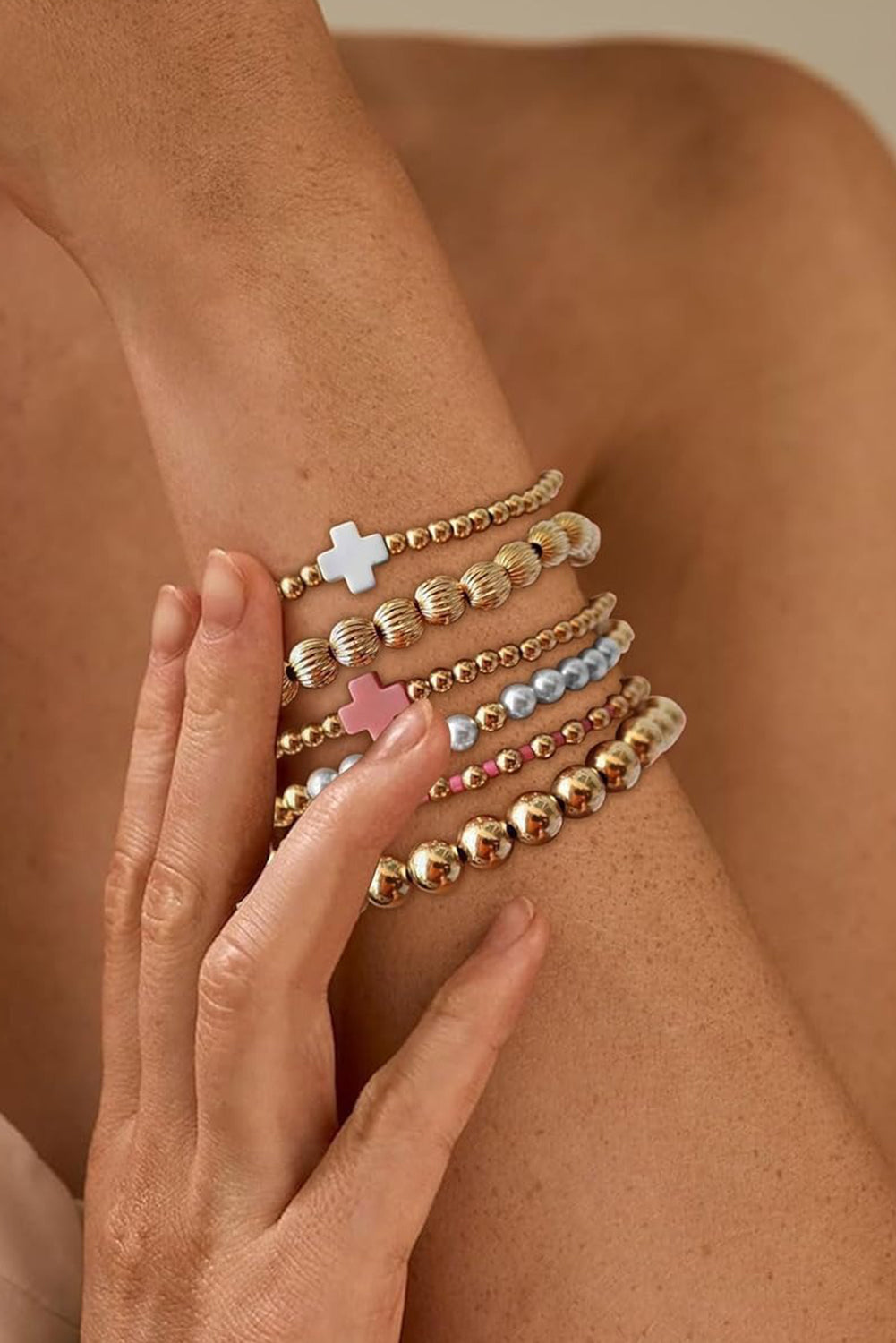 Gold Plated Beading Pearl Cross Decor Multilayer Bracelet
