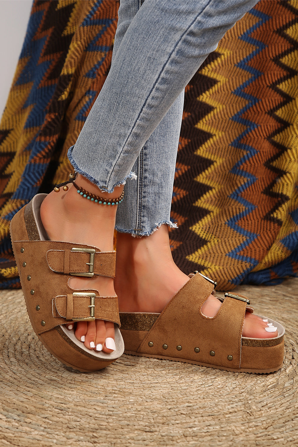 Chestnut Suede Buckle Decor Footbed Sandal Slippers