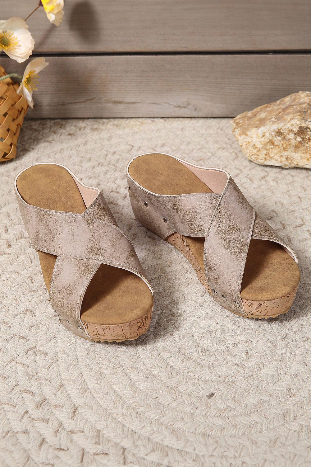 Gray Criss Cross Cut Out PU Leather Wedge Slippers