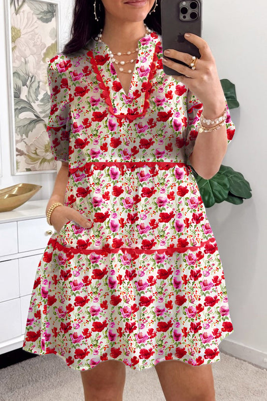 Red Floral Puff Sleeve Tiered Ric Rac Pocketed Mini Dress