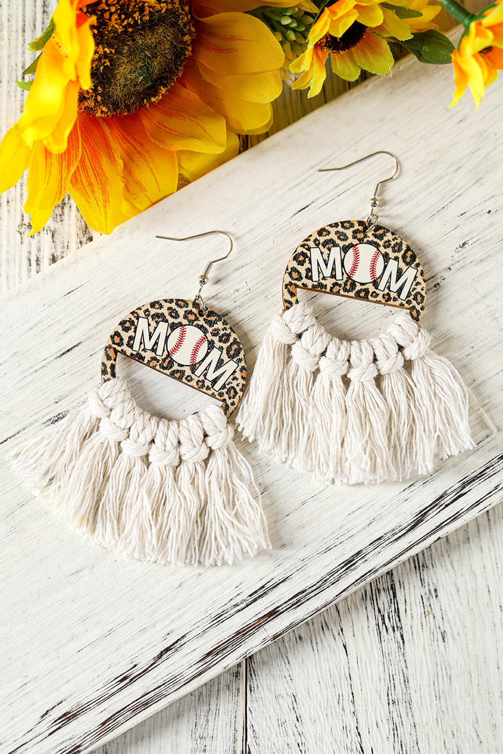 White Leopard Rugby Football MOM Print Fringed Hook Earrings