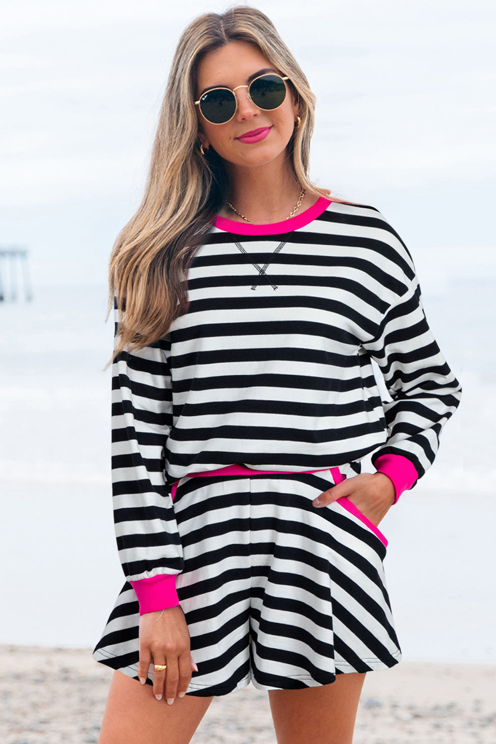 Black Stripe Contrast Ribbed Banding Long Sleeve Blouse Loose Shorts Set