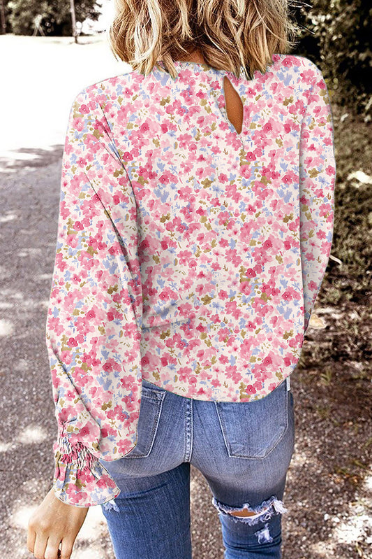 Red Floral Print Sweet Lantern Long Sleeve Blouse