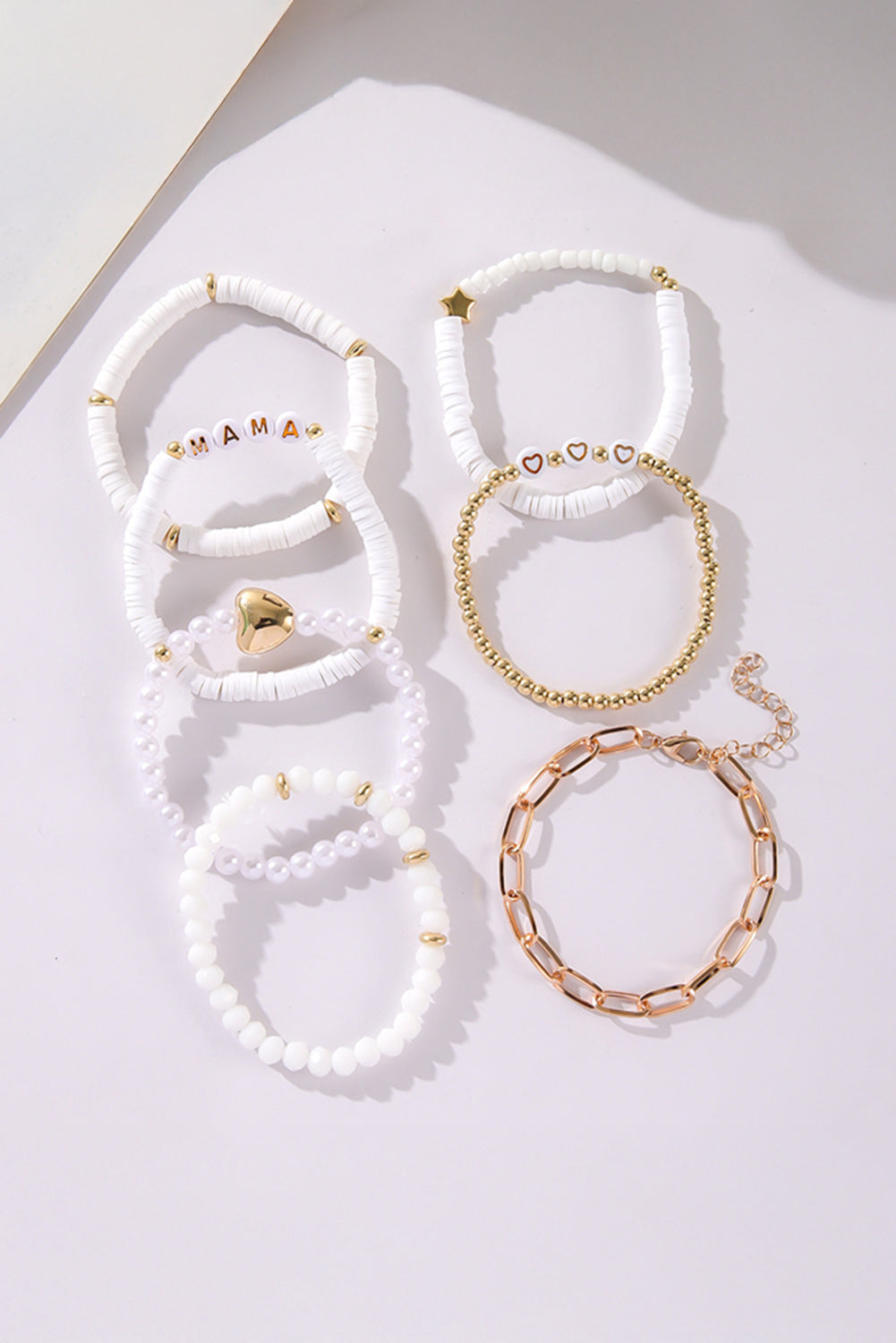 White MAMA Heart Pearl Beaded Chain Multi Layer Bracelet